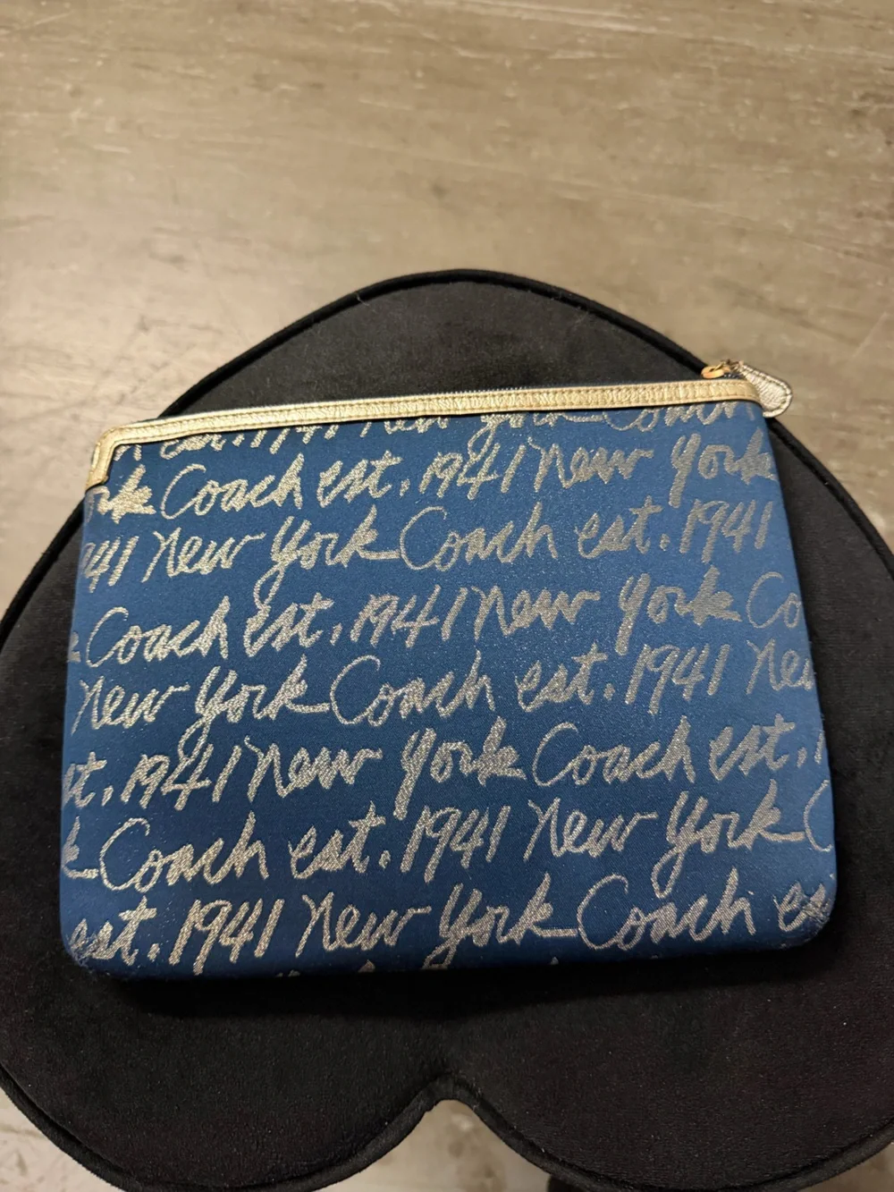 Coach Poppy Blue Script Heart Zip Pouch with Gold Trim